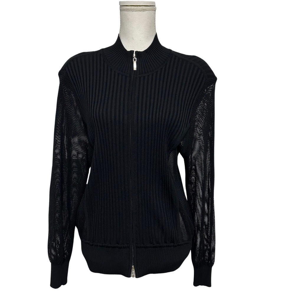 Misook Cardigan Zip Up Sweater Mesh Sleeves Black Xl Excellent Used Condition